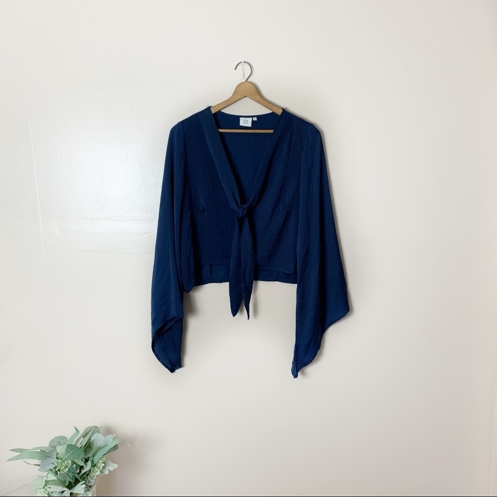 [Good Luck Gem] Navy Blue Satin Tie Front Bell Sleeve Cropped Top